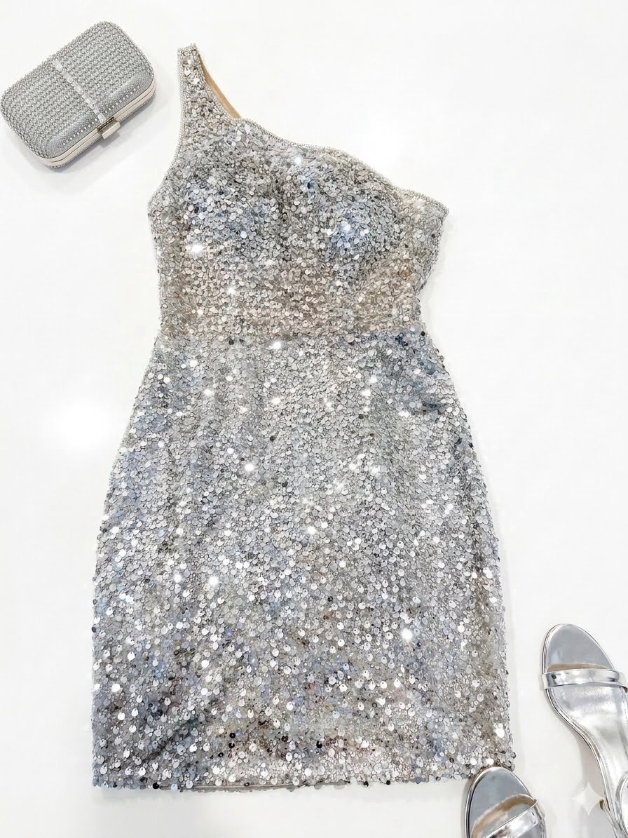 Gianni Bini Silver Sequin One-Shoulder Cocktail Dress